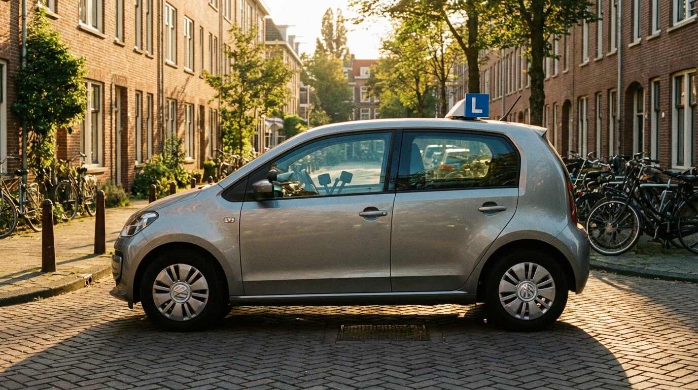 RijVaardig Voorbeeld leerling rijdt door Amsterdam bij zonsondergang met instructeur